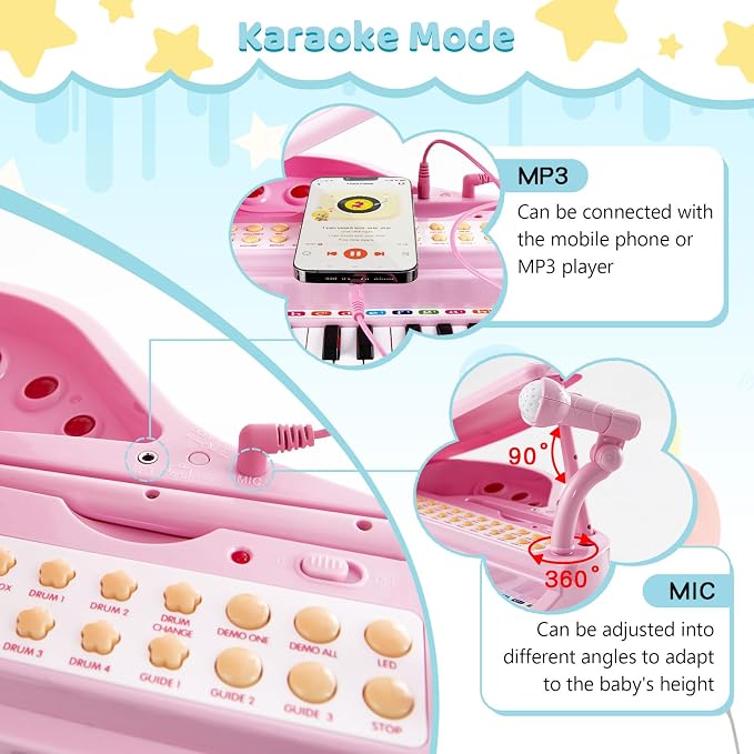 Costzon Kids Piano, 31 Key Mini Grand Piano Toy Keyboard with Microphone, Stool & Lights, Portable Electronic Piano Educational Musical Instrument Toy, Birthday Gift for Toddler Boys Girls (Pink)