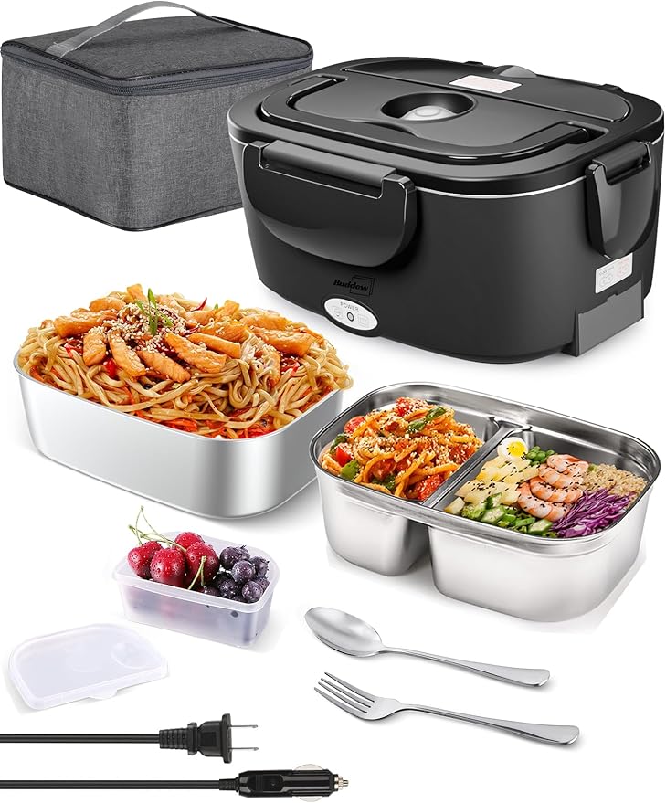 Buddew Electric Heated Lunch Box, 80W Fast Heating with Dual 1.5L Food-Grade 304 Stainless Steel, 12V/24V/110V Portable Food Warmer for Car Truck Office Adults, Lonchera Electrica Portatil (Black)