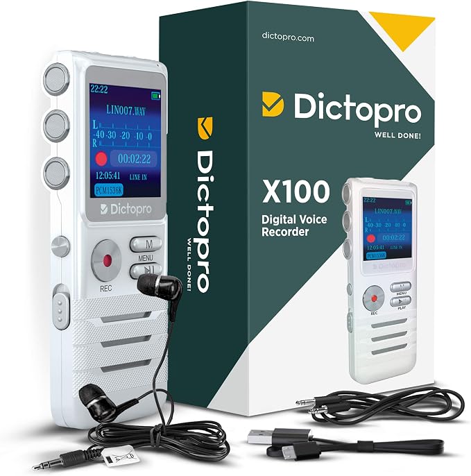 Voice Activated Digital Recorder - Ultra Sensitive Dual Mics, 8GB, 700H Storage, Noise Reduction Dictophone, Portable Audio Recording for Lectures, Meetings, Interviews, Work, Doctors - Dictopro X100