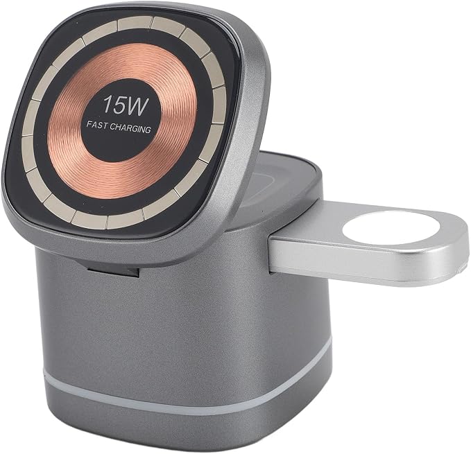 Wireless Charger, 3 in 1 Fast Charging Station 15W Output, Strong Magnetic Alignment, Hidden Earbud Pad for Smartphone, Smartwatch, Earphones