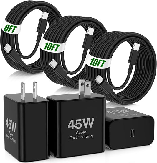 45W iPhone 17 16 Pro Max Charger Fast Charging,3Pack USB C Fast Charger Block with Long 10/10/6FT C to C Cable for Apple 17 Pro Max/16 Pro/15/iPad 13th,PD Quick Adapter 3.2 for iPhone 17-Black