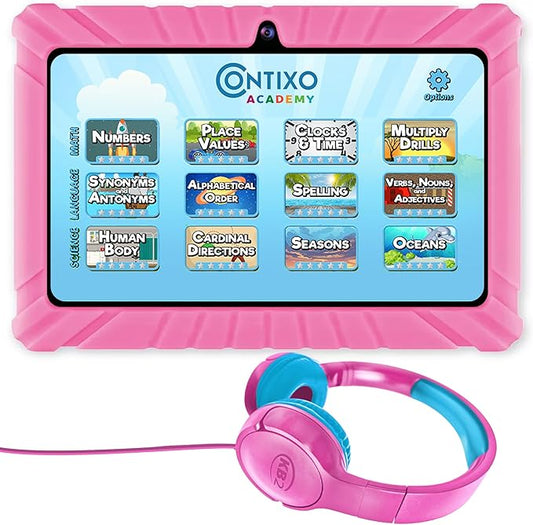 Contixo Kids Tablet Bundle - 7-inch IPS, Pre-Loaded 14 Academy APP, Learning Tablet for Ages 3-12, Parental Controls & Kid Safe, with Ear Headphones & Tablets - Pink