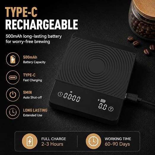 Smart Espresso Coffee Scale with Timer, 0.1g Accuracy, Flow Rate & Ratio | VIEYKEA Espresso Scale, Rechargeable Digital Pour Over Coffee Scale, G/oz/ml Unit, Auto Mode for Kitchen Home Office Travel