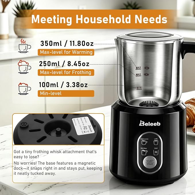 Detachable Milk Frother and Steamer, Dishwasher Safe Stainless Steel Milk Jug, 4-in-1 Electric Automatic Hot/Cold Foam Maker & Hot Chocolate Machine, 11.8oz/350ml, Perfect for Latte, Cappuccino