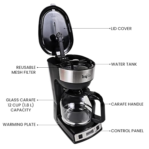 Total Chef TCCM06 Programmable Coffee Maker Stainless Steel with 12-Cup Glass Carafe, LCD Display, Reusable Basket Filter Easy Cleanup Built in Water-Level Indicator, Countertop, Black/Gray