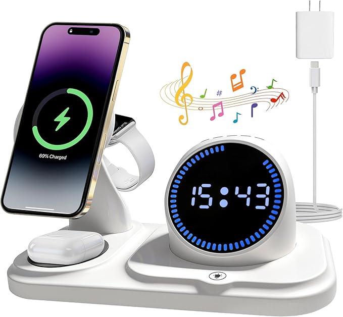 6 in 1 Wireless Charging Station with Bluetooth Speaker Fuction, Charging Stand for Multiple Devices for Apple iPhone 17 16 15 14 13 12 Pro Max Apple Watch Airpods, Digital Clock and Ambient Lights