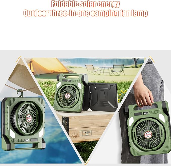 Solar Camping Fan, 25000mAh Dual-Panel Solar Powered Fan with LED Light, Portable Rechargeable Fan with 4 Speeds, 3-in-1 Multi-Function for Camping, Home, Travel & Outdoor Use