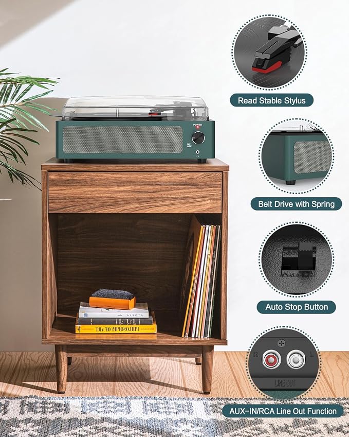 Record Player for Vinyl Turntable with Built-in Wireless Receiver & 2 Stereo Speakers 3 Speed 3 Size LP Players Portable Turntables for Vinyls Records Headphone AUX RCA Auto Stop New Sleek Dark Blue