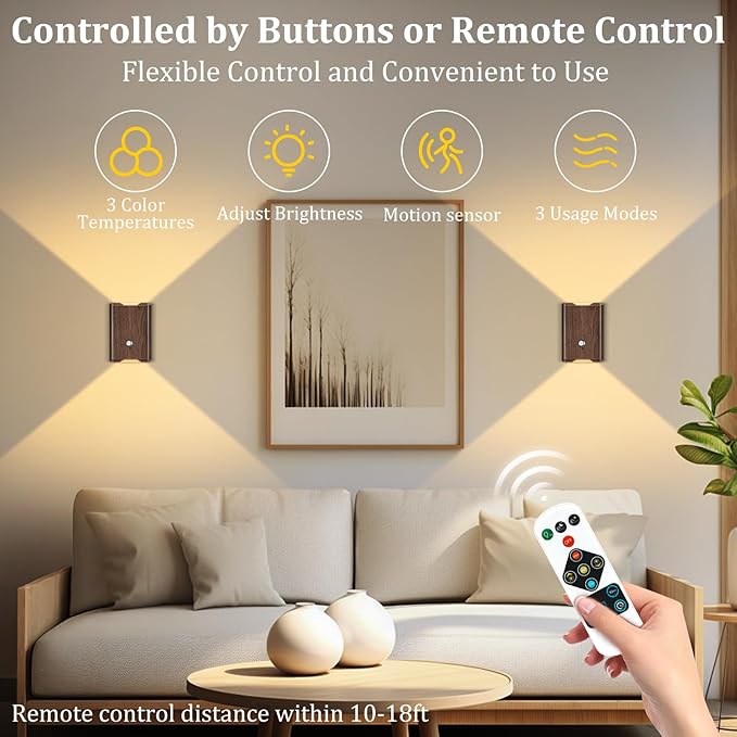 4 Pack Battery Powered Motion Sensor Wall Sconces: 5000mAh Rechargeable LED Wall Light with Remote, Magnetic Motion Sensored Stair Light Indoor Wireless Sconce for Hallway Bedroom Bedside, Walnut