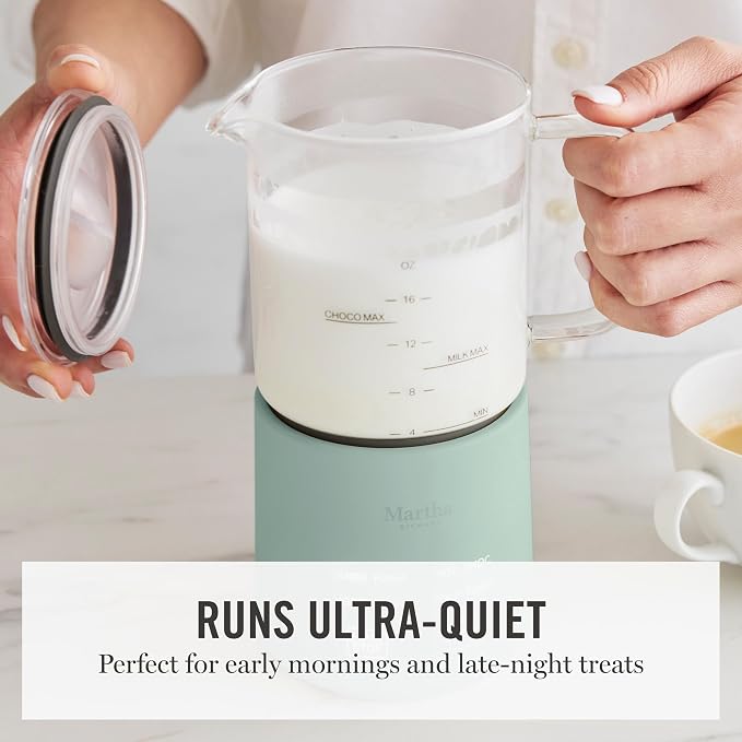 Martha Stewart Milk Frother and Steamer, 10oz/300ml Glass Cup, 4 Presets (Cold Foam, Light, Dense & Hot Chocolate), Ready in 90 Seconds, Cordless Pouring, One-Touch for Hot and Cold Milk, Honeydew
