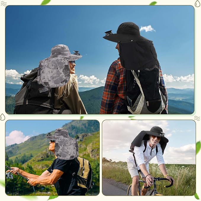 Maiteenly 2 Pcs Solar Fan Hat for Men with Neck Flap Bucket Fan Buit in Hats for Hiking Fishing Outdoor USB and Solar Powered