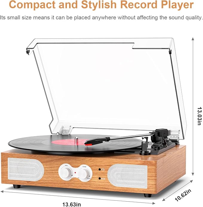 Vinyl Record Player with Built-in Speakers 3-Speed Vintage Record Player Support Treble& Bass Control, 3.5mm Headphone Jack, RCA-Out/Aux in, Belt-Driven LP Turntable,Natural Wood