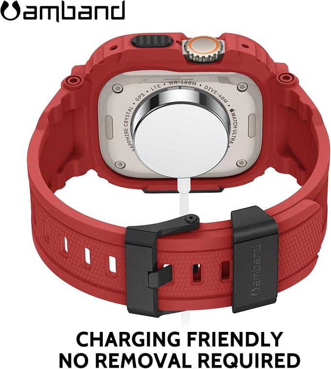 amBand Bands Case Screen Protector Compatible with Apple Watch Ultra 3/2/1 49mm, M1 Sport Series Rugged Cover Strap and 9H Tempered Glass Film, Protective Bumper for iWatch 49 mm Men - Mars Red