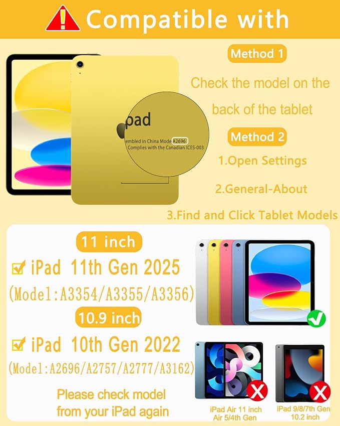 EAMPANG Case with Keyboard Mouse for iPad A16 11th 10th Generation 11/10.9 inch,Rainbow Backlit Detachable Keypad Rotatable Magnetic Cover with Pencil Holder for iPad 11 2025 10 Gen 2022 Yellow