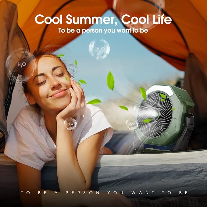 Ausic Portable Misting Fan for Outdoor Cooling, [24-90Hrs] Battery Powered Mist Fans with Water Misters & LED Lantern, 8-Inch, 250mL Tank, for Patios, Home, Outside, Camping, Outdoor&Indoor Use