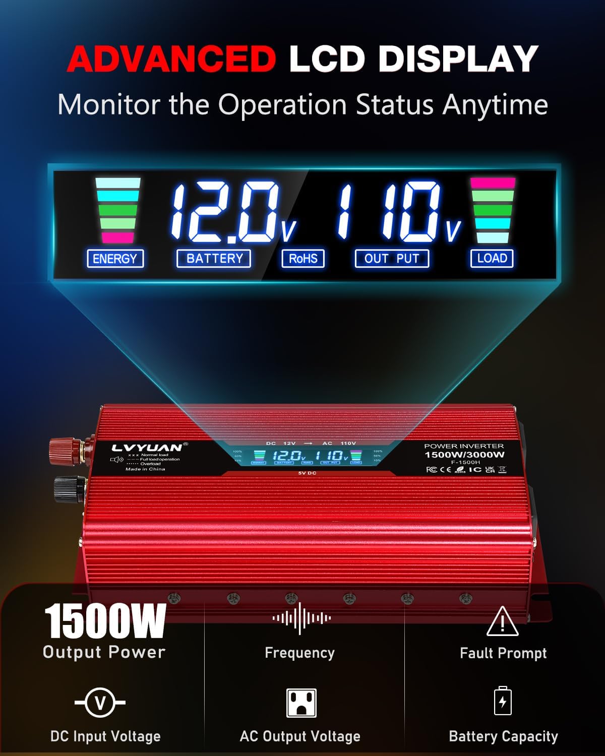 LVYUAN 1500W Car Power Inverter 12V to 110V DC to AC with 2 US Sockets, Cigarette Lighter, LCD Display, USB Ports for Car, Home, Truck, Outdoor, Camping
