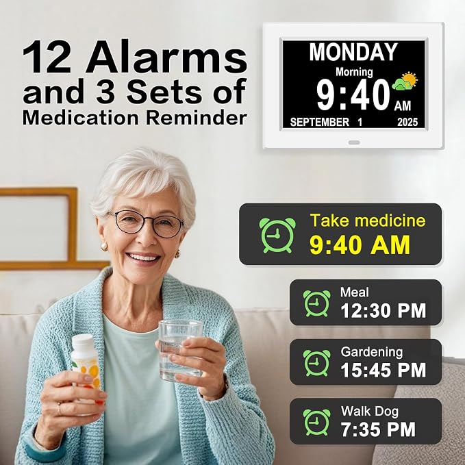 8‘’ Digital Calendar Day Clock, Gifts for People with Dementia Alzheimers, Large Display Alarms Clock for Seniors Electric Clocks with Date Day of Week 12 Alarms 4 Colors Auto DST/Dimmer