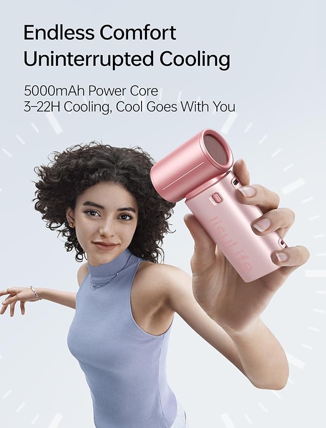 JISULIFE Mini Handheld Fan Life9S - Sleek Chrome: Turbo Power, 22 Hours Cooling, LED Display, 5000mAh, 5-Speed, Small Portable Fan for Travel, Cruise, Concerts, Trendy Gifts for Women Men-Pink