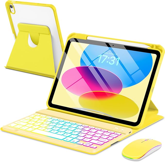 EAMPANG Case with Keyboard Mouse for iPad A16 11th 10th Generation 11/10.9 inch,Rainbow Backlit Detachable Keypad Rotatable Magnetic Cover with Pencil Holder for iPad 11 2025 10 Gen 2022 Yellow