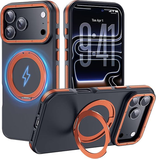 Strong Magnetic Case for iPhone 17 Pro(6.3", 2025) with Stand, Drop-Proof Bumper Cover with Contrast Color Border, Military-Grade Drop Protection, Shockproof Slim Thin Cover,Orange