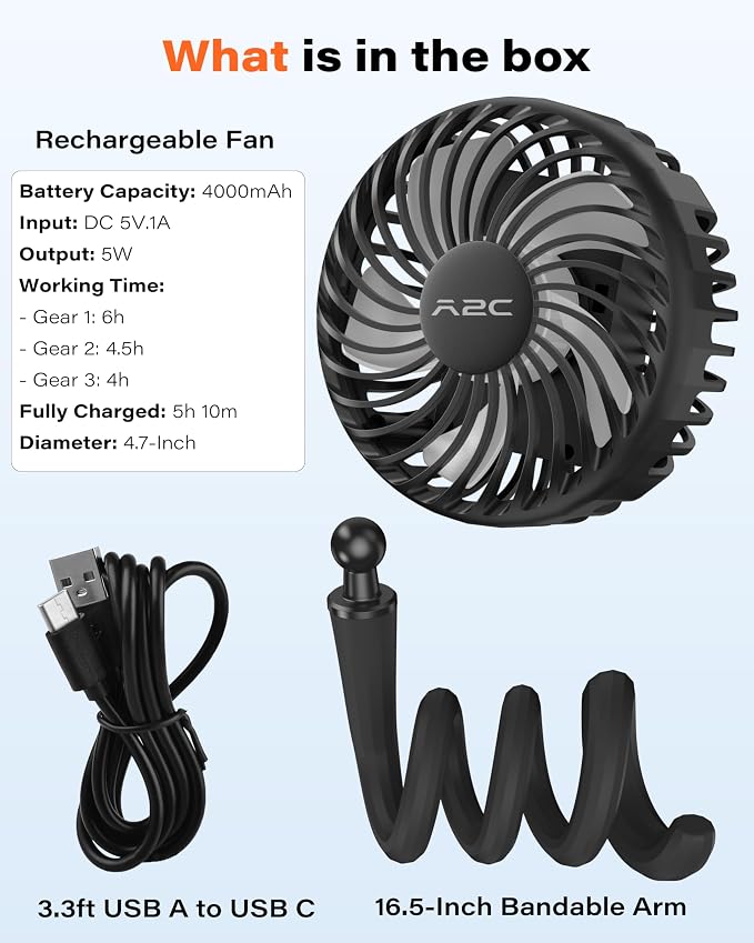 A2C 4.7-Inch Big Cooling Fan for Peloton Bike Bike+ or Tread, 16.5" Long Bendable Arm, Rechargeable 4000mAh Battery, 360° Rotation, 3 Speeds, fits Treadmill Exercise Workout Stationary Cycling Bikes
