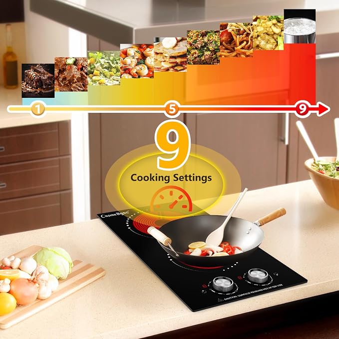 Portable Electric Cooktop 2 Burner 110V Plug in, 12 Inch 2000W Electric Stove Top with Knob Control, Countertop or Built-in Ceramic Hot Plate, for RV Dorm Apartment Kitchen Cooking