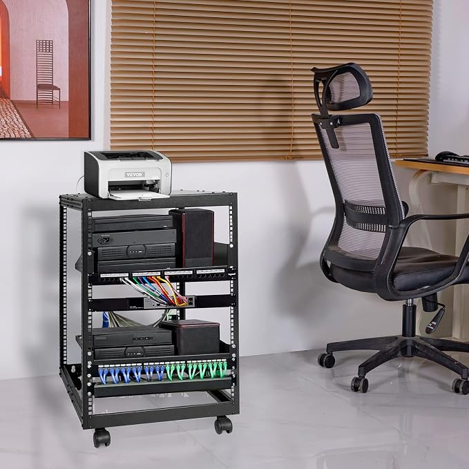 VEVOR 15U Open Frame Server Rack, 23''-40'' Adjustable Depth, Free Standing or Wall Mount Network Server Rack, 4 Post AV Rack with Casters, Holds All Your Networking IT Equipment AV Gear Router Modem