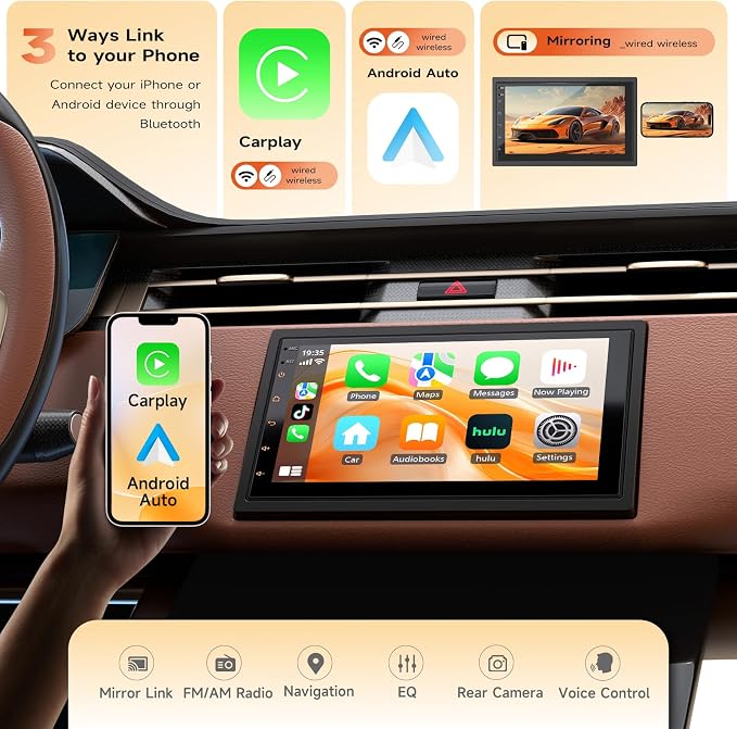 Haudio Double Din Car Stereo - Wireless CarPlay & Android Auto, 7" HD Touchscreen Car Radio with Bluetooth,Voice Control, Backup Camera, Subwoofers, SWC, GPS Navigation (2+64GB)