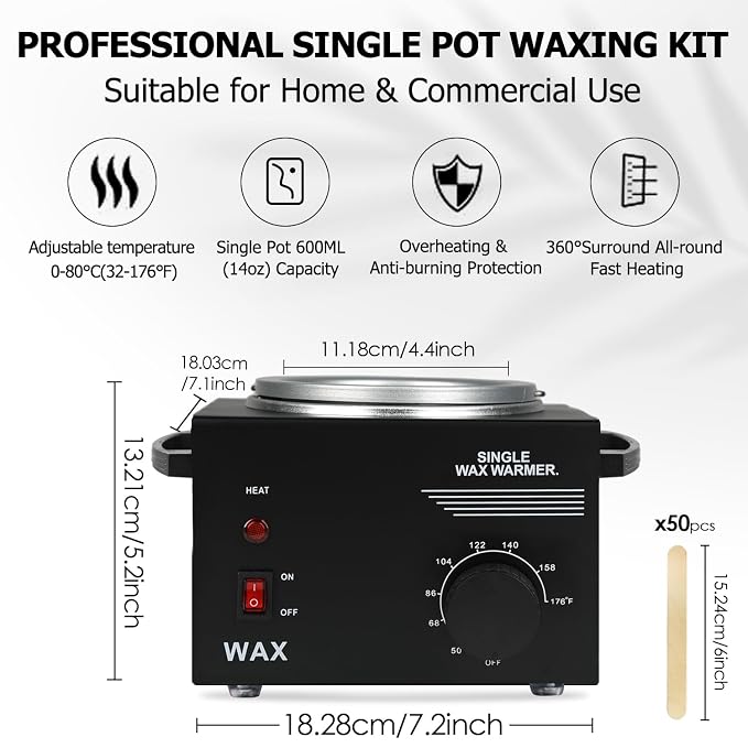 Wax Machine with Hair Removal Kit: Hard Wax Pot, Body Wax Melt Warmer, and 50 Applicator Sticks