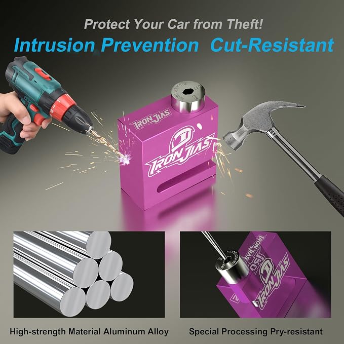 IRON JIA'S Motorcycle Disc Lock Anti-Theft Wheel Brake Lock Waterproof Alloy with Reminder Cable and 2 Keys, Alarm-Free for Motorbike, E-Scooter, Mountain Bike Pink