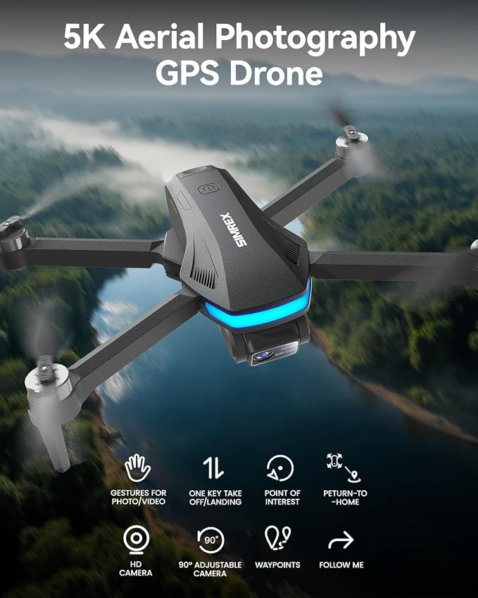 SIMREX GPS Drone with 4K Camera for Adults , Brushless Motor Drones for Beginners ,5G WiFi FPV Foldable, Auto Return , Optical Flow & Altitude Hold,Gesture Control,Follow Me, Waypoint Flight, Toys Gifts for Kid Teen Boys(Black）