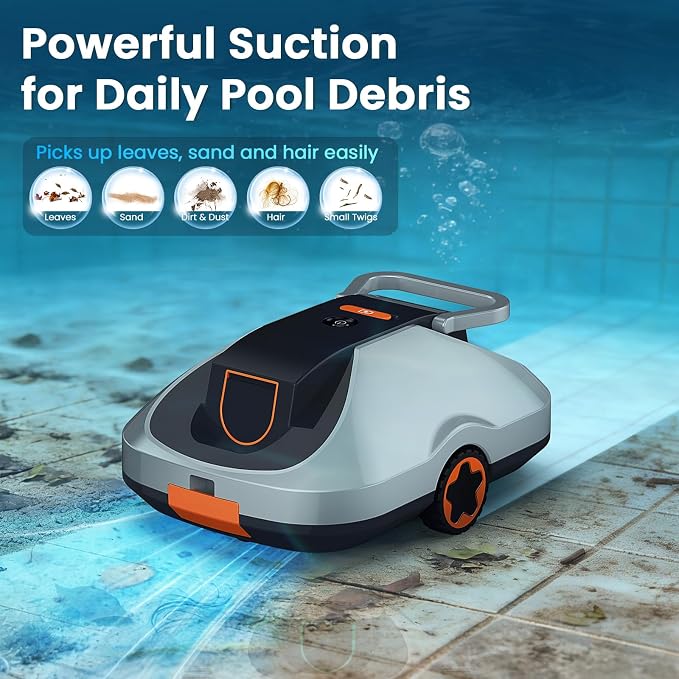 Robotic Pool Cleaner, Cordless Pool Vacuum for Above Ground & Inground Pools, 200mins Runtime Automatic Pool Vacuum Robot for Leaves & Dirt, Powerful Suction up to 2500 sq.ft, Self Parking-Orange