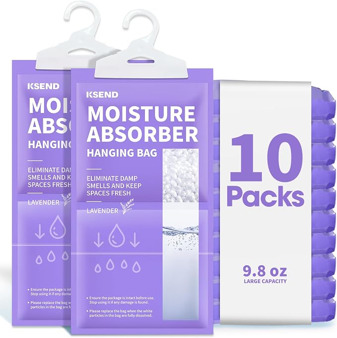 Ksend Moisture Absorbers 10 Pack, 9.8 Oz Compact Dehumidifier Bags & Packs, Moisture Hanging Bag, Humidity Absorbers, Closet Deodorizer Against Musty Odors, Lavender Scent, 11.8" x 6.3"