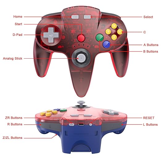 KIWITATA N64 Wireless Controller for Switch Games, 2.4GHZ Rechargeable N64 Remote Joystick Wireless Gamepad Controller Compatible with N64 System, Raspberry Pi, MAC,PC Windows 7,8,10,11 Clear Red