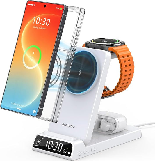 Magnetic Wireless Charger for Samsung, 3 in 1 Android Charging Station for Galaxy S26 Ultra/S25 Ultra/Z Fold/Flip, Galaxy Watch 8/8 Classic/Ultra, Buds 4, Nightstand Bedside Stand (with Adapter)