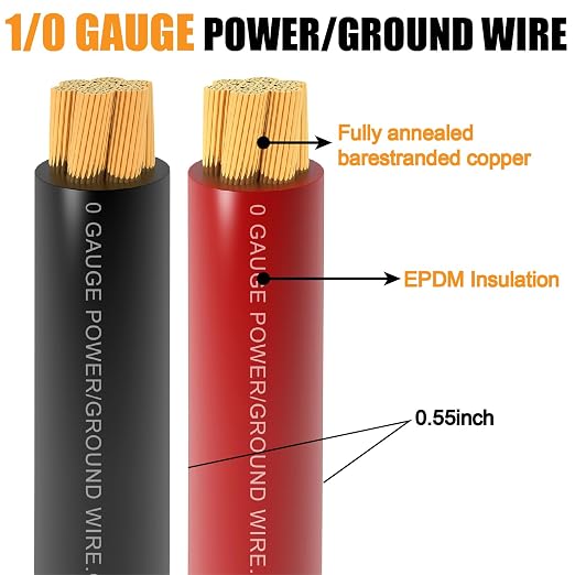 AWG 0 Gauge Wire (20Feet Black+20Feet Red) Copper Clad Aluminum,0 Gauge Battery Cable Wire Power Ground Cable,20pcs Lugs Terminal Connectors,Heat Shrink Tubing Suitable for Indoors,Outdoors,RV,Car