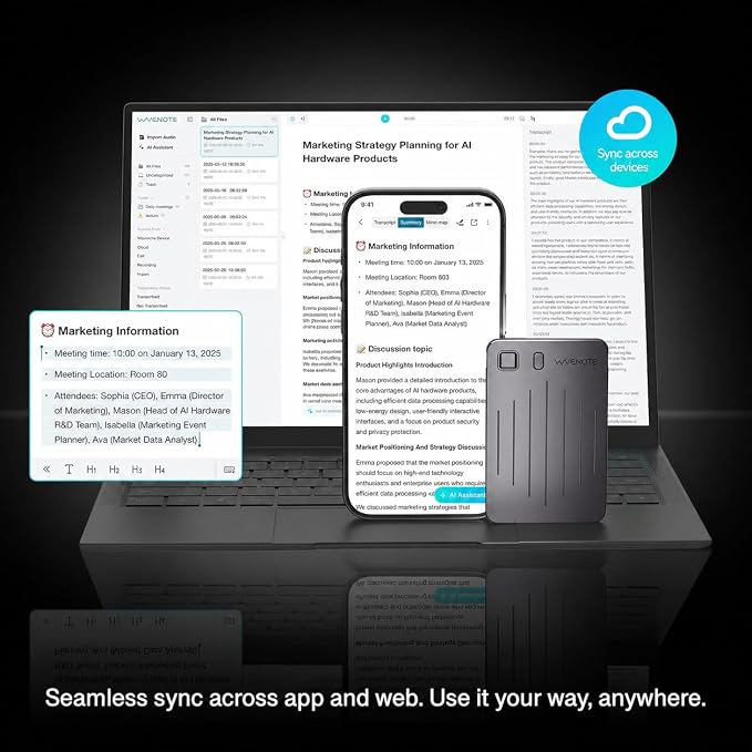 WaveNote AI Voice Recorder, Transcribe & Summarize Recorder, 42 Hours Continuous Recording, Support 112 Languages, 64GB AI Recorder for Meetings, Lectures, Calls,Multi-Speaker Voice Recognition