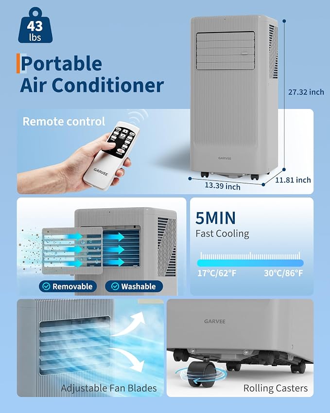 Garvee 8000BTUs Portable Air Conditioner with Remote Control,350 Sq.Ft Max. 48dB Portable AC Unit, Dehumidifier, Fan, Sleep, 24H Timer&Installation Kit, DOE Certified, Ceer 6.2,Dark Grey