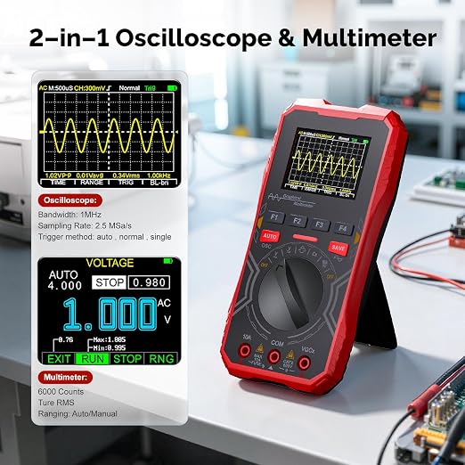 2-in-1 Handheld Oscilloscope Multimeter - 1MHz Bandwidth 2.5MS/s Sampling Rate, Digital Oscilloscope & Auto-Ranging Multimeter Combo, 2.4" Backlit Display with Probes, for Electronics DIY, Repair
