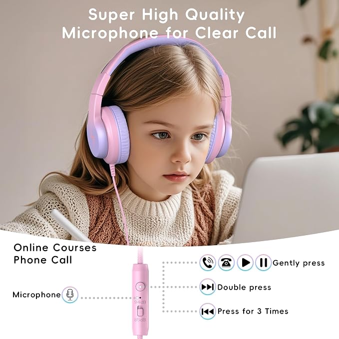 Candy Bila Kids Wired Headphones for Kids with Microphone, 85/94dB Volume Limiter Headphones for Girls Boys, Light Purple