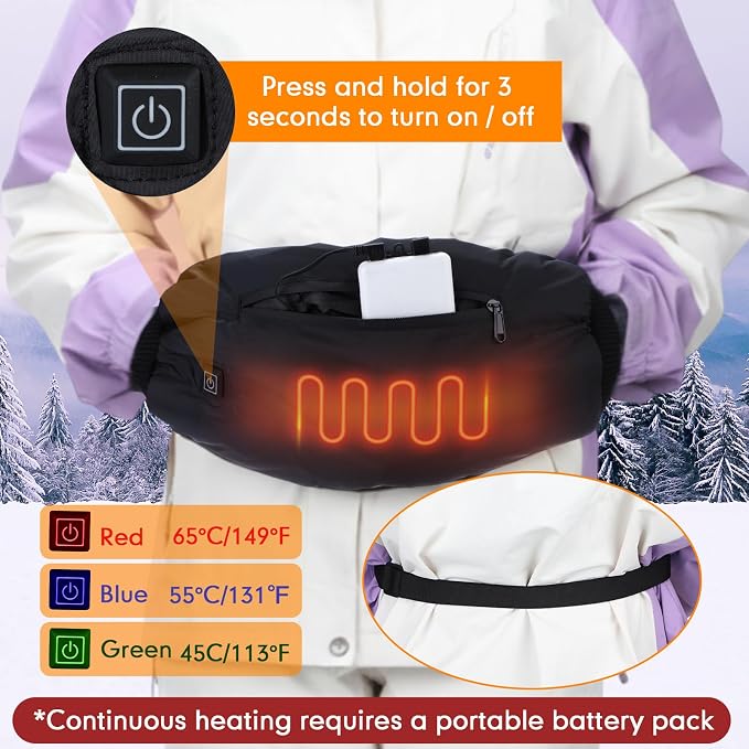 Mudder 1 or 2 Pack Heated Hand Warmer Muff with Adjustable Belt, USB Powered Electric Heated Muff with 3-Temperature Settings for Football, Hunting, Fishing, Camping, Power Bank Not Included