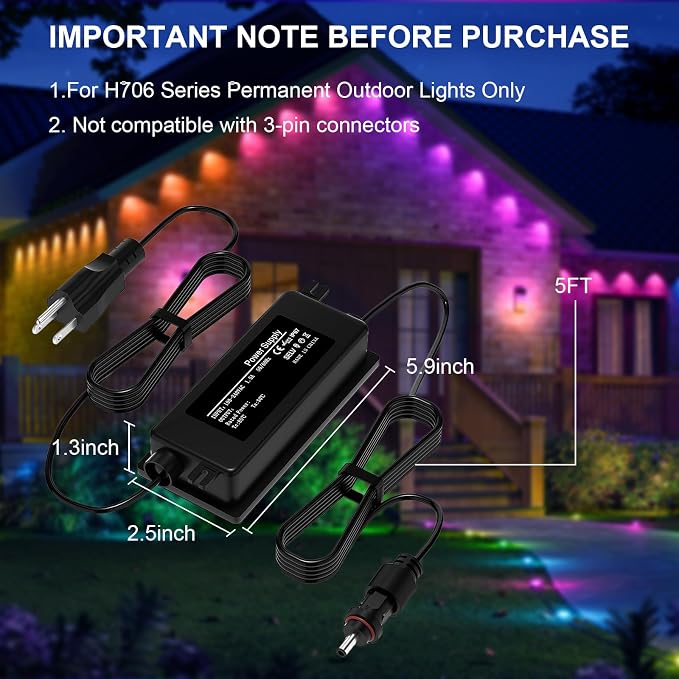 36V 3A Waterproof Power Supply for Govee Permanent Outdoor Lights,Compatible with Govee H706A H706B H706C Permanent Outdoor Lights Power Adapter Cord(Black)