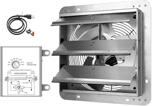 Simple Deluxe 12 Inch Wall Mounted Shutter Exhaust Fan with Temperature Controller and Power Cord Kit, Aluminum, 1600 RPM, 940 CFM, for Attic, Garage, Louvered Vent, Plant, Greenhouse, Silver