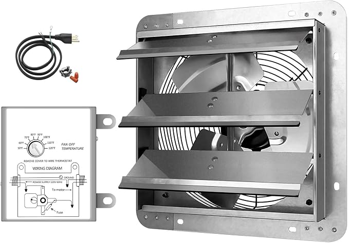 Simple Deluxe 20 Inch Wall Mounted Shutter Exhaust Fan with Temperature Controller and Power Cord Kit, Aluminum, 1200 RPM, 3368 CFM, for Attic, Garage, Louvered Vent, Plant, Greenhouse, Silver