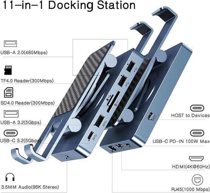 Versatile USB C Docking Station for iPad (USB-C), 11-in-1 with SD TF 4.0 Reader, 4K@60Hz HDMI, RJ45, Audio, USB A, USB c, Rotatable, Also for Tablet, Steam Deck, ROG Ally, Legion Go, with 65W Adapter
