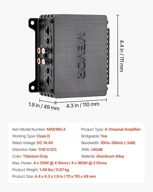 VEVOR 4 Channel Car Audio Amplifier 2 Ohm Stable Bridgeable Class D Full Range Amp Max Power 4 x 110W @ 4 Ohm / 4 x 160W @ 2 Ohm for Car SUV Truck Off-Road