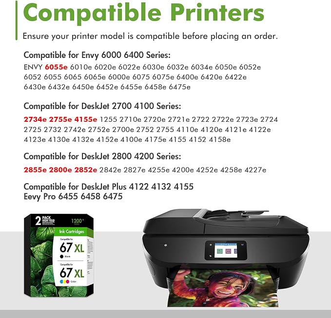 67 67xl Ink Cartridges Black/Color Combo Pack, 1 Black, 1 Tri-Color | Compatible with HP67 XL, For HP Deskjet 2800e 6055e 2855e 2755e 6000 4255e 2700 4155e 2827e 2700e 6400 6458 6458e
