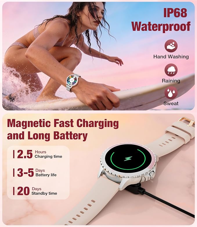 SUNKTA Smart Watch for Women (Answer/Make Call),1.27" Curved Display Smartwatch with Female Cycle/Sleep Monitor,5ATM Waterproof Fitness Tracker 100 Sport Modes Pedometer for Android/iOS,Silver
