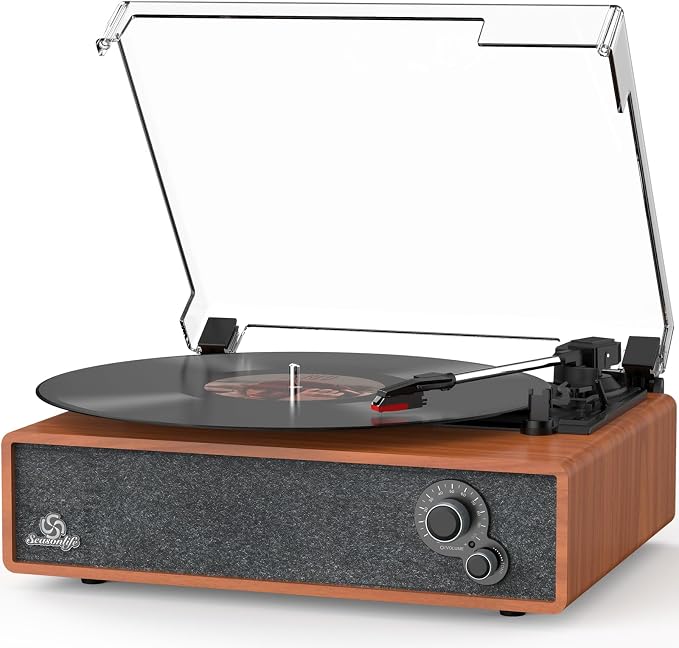 Vinyl Record Player Vintage Turntable for Vinyl Records LP Phonograph Auto Stop Tone Adjustment Belt Drive 3 Speed 3 Size Support Wireless Input RCA Output Retro Walnut Red Brown