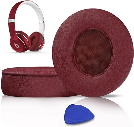 SoloWIT Earpads Cushions Replacement for Beats Solo 2 & Solo 3 Wireless On-Ear Headphones, Solo2 Solo3 Ear Pads with Soft Protein Leather, Added Thickness - Burgundy